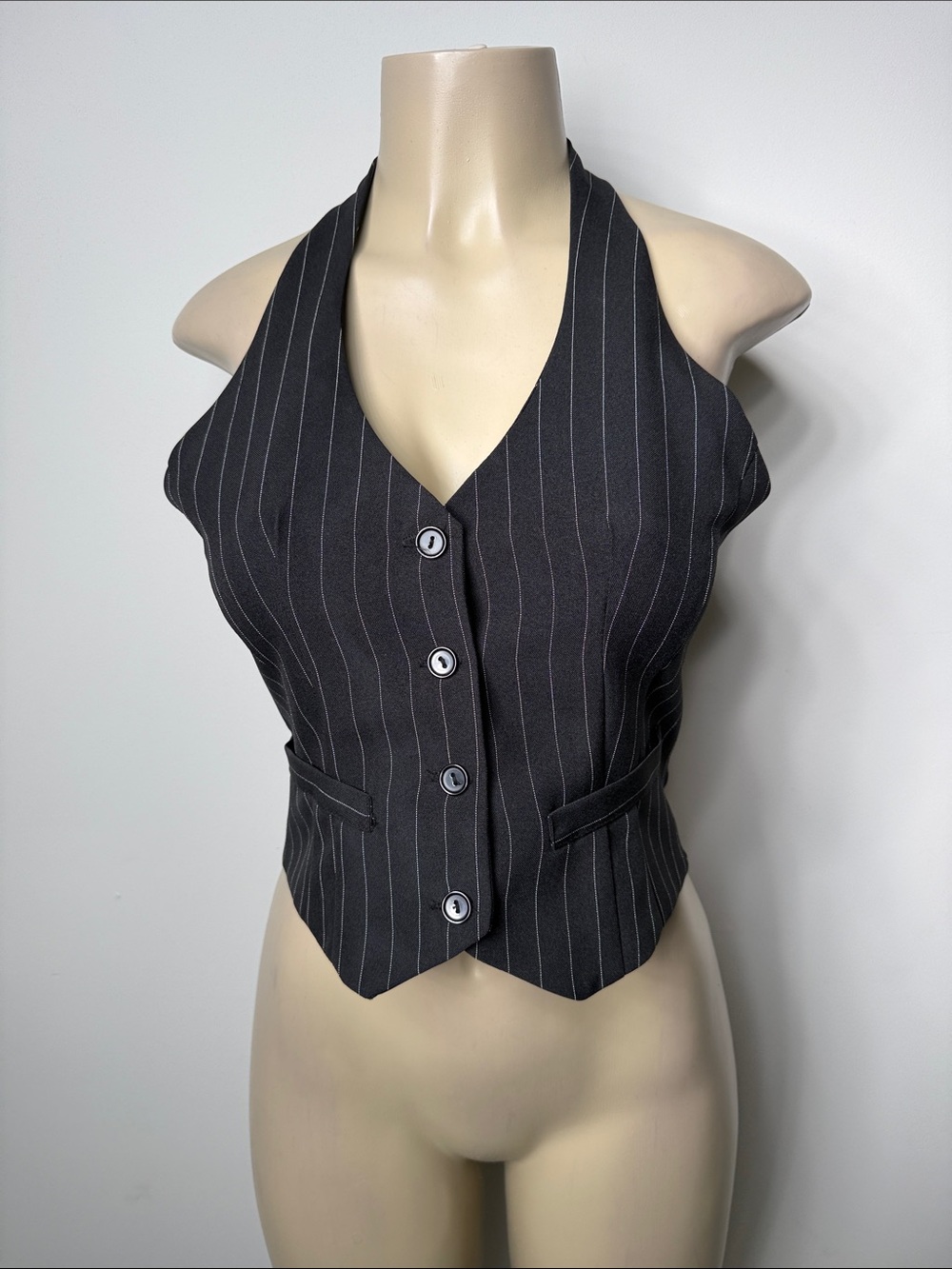 Pinstripe Halter Vest Top - Black
